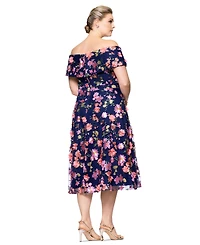Xscape Plus 3D-Floral Embroidered Off-The-Shoulder Dress