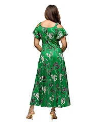 24seven Comfort Apparel Women's Green Floral Cold Sholder Ruffle Sleeve A Line Maxi Dress