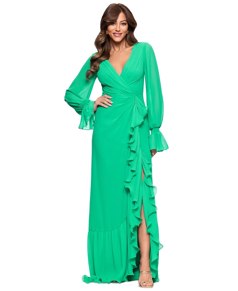 Xscape Women's V-Neck Ruffle-Trim Slit-Front Chiffon Gown