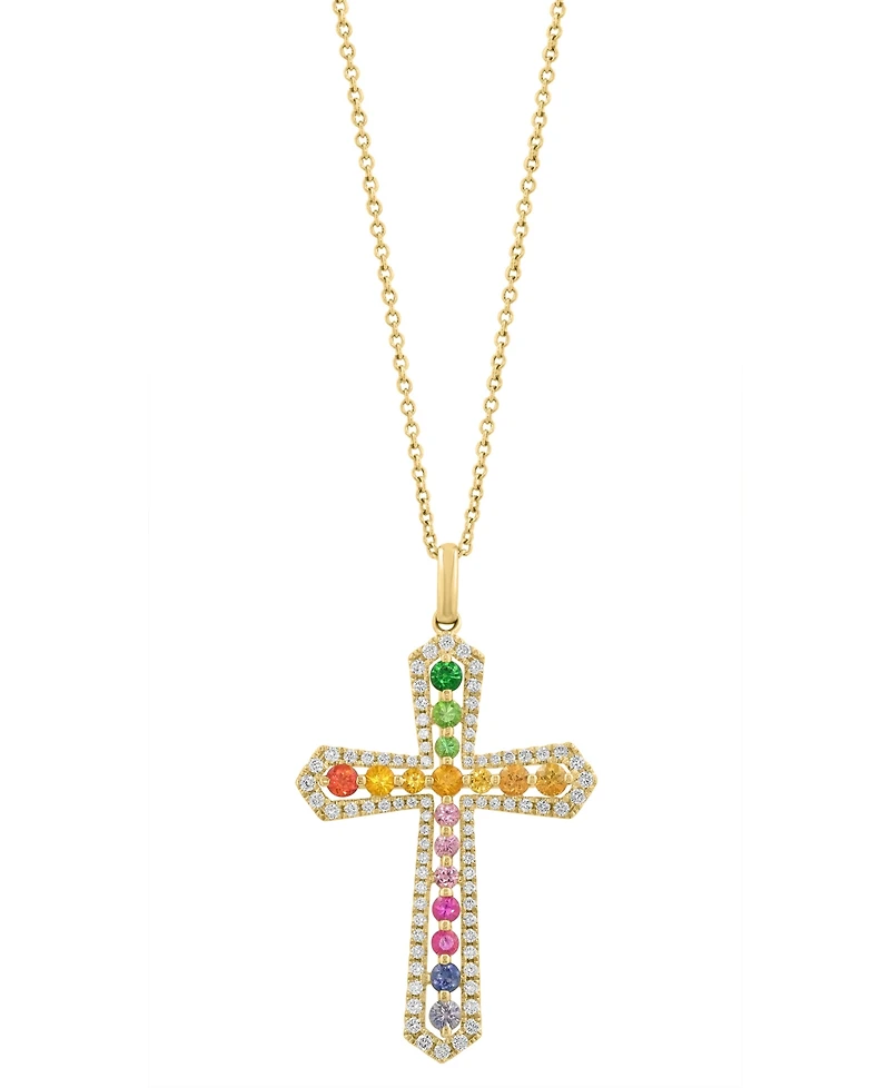 Effy Multi-Sapphire (3/4 ct. t.w.), Green Garnet (1/6 ct. t.w.) & Diamond (1/2 ct. t.w.) Cross 18" Pendant Necklace in 14k Gold
