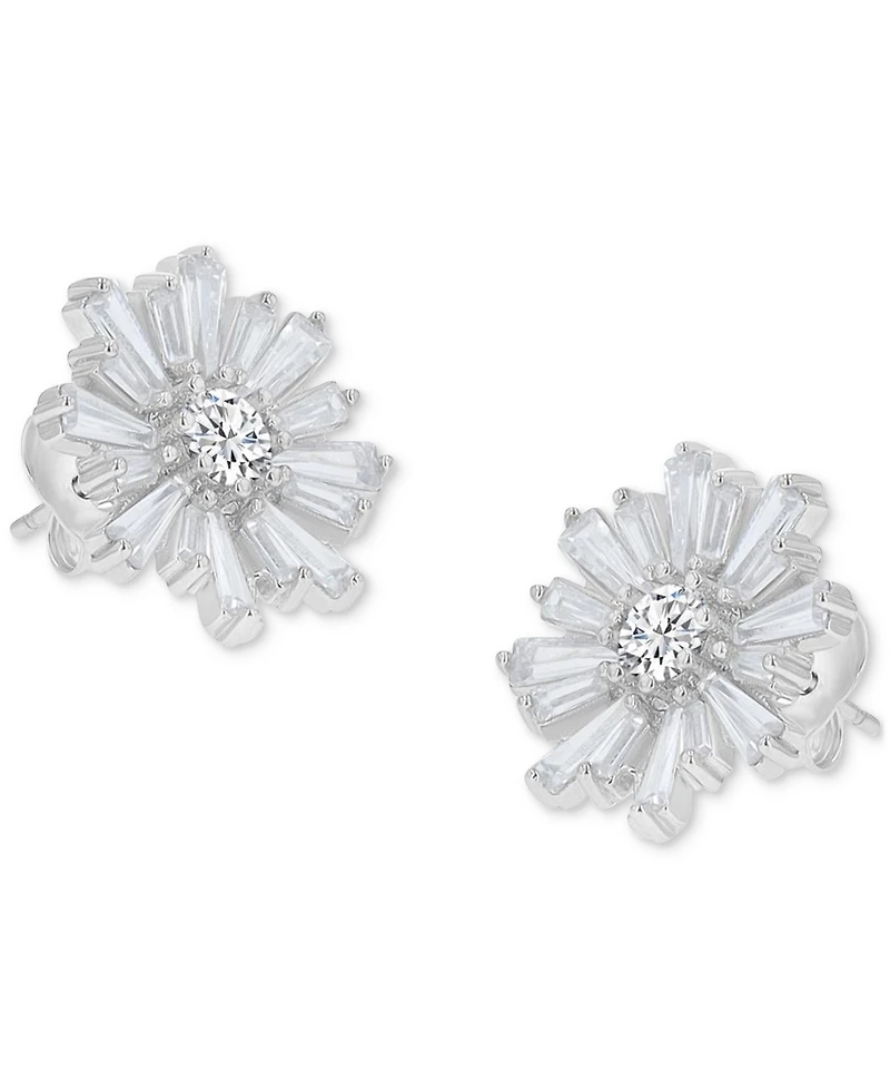Cubic Zirconia Round & Baguette Flower Stud Earrings in Sterling Silver