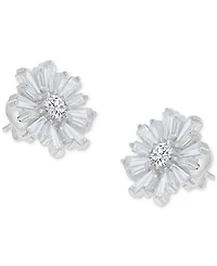 Cubic Zirconia Round & Baguette Flower Stud Earrings in Sterling Silver