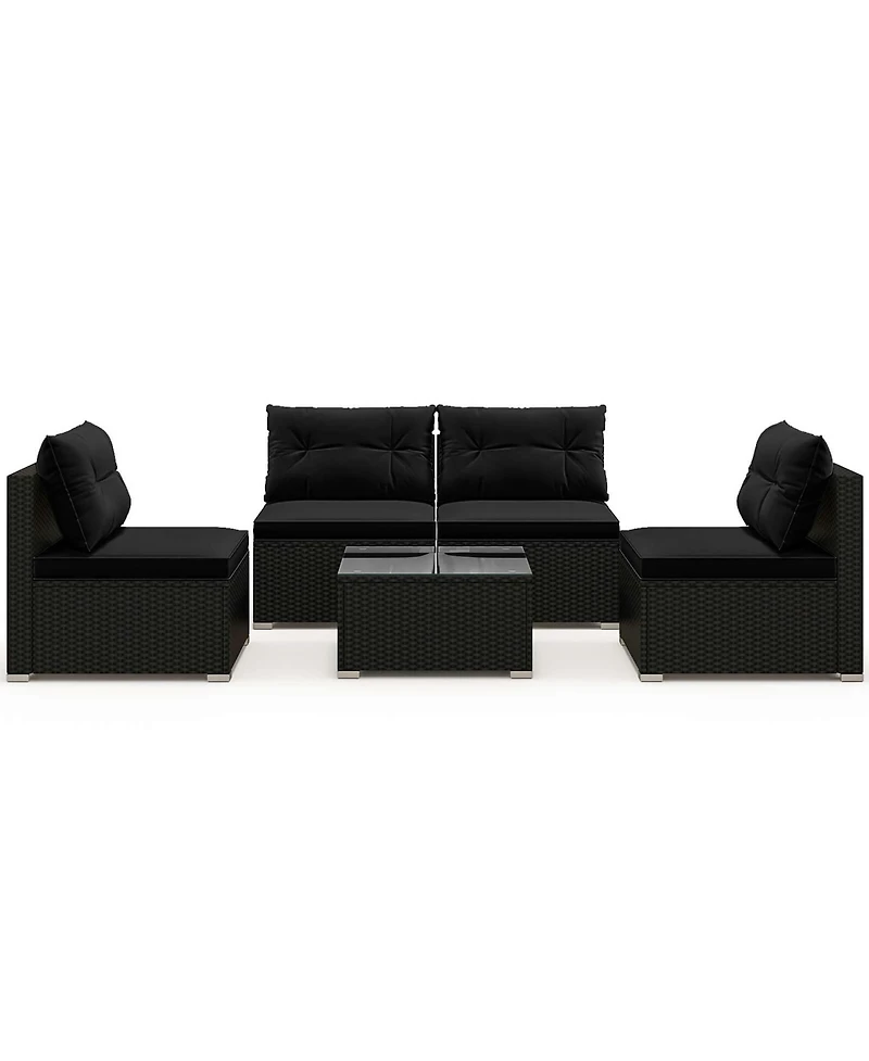 5 Piece Outdoor Furniture Set with Seat & Back Cushions Tempered Glass Tabletop