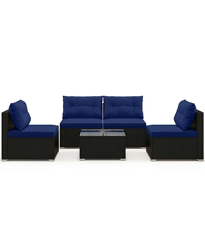 5 Piece Outdoor Furniture Set with Seat & Back Cushions Tempered Glass Tabletop