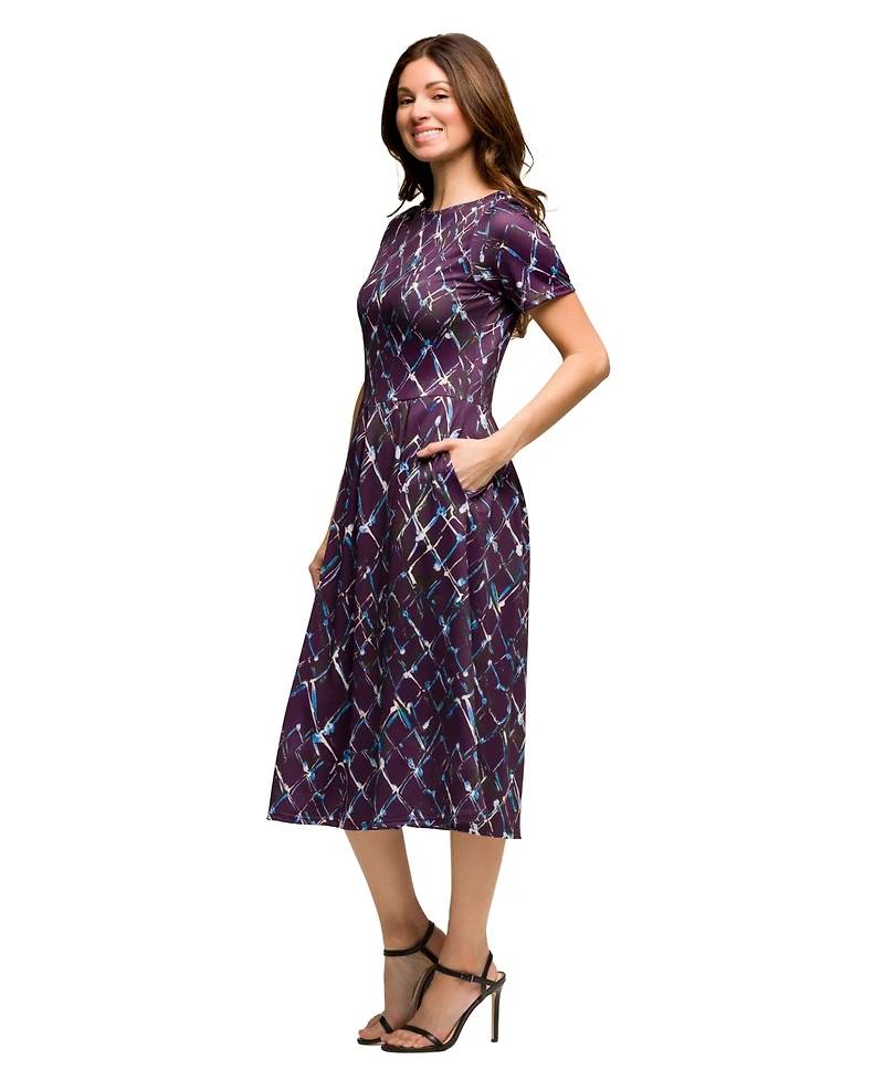 24seven Comfort Apparel Women's Purple Print Short Sleeve Pleated Flare Midi Pocket Dress
