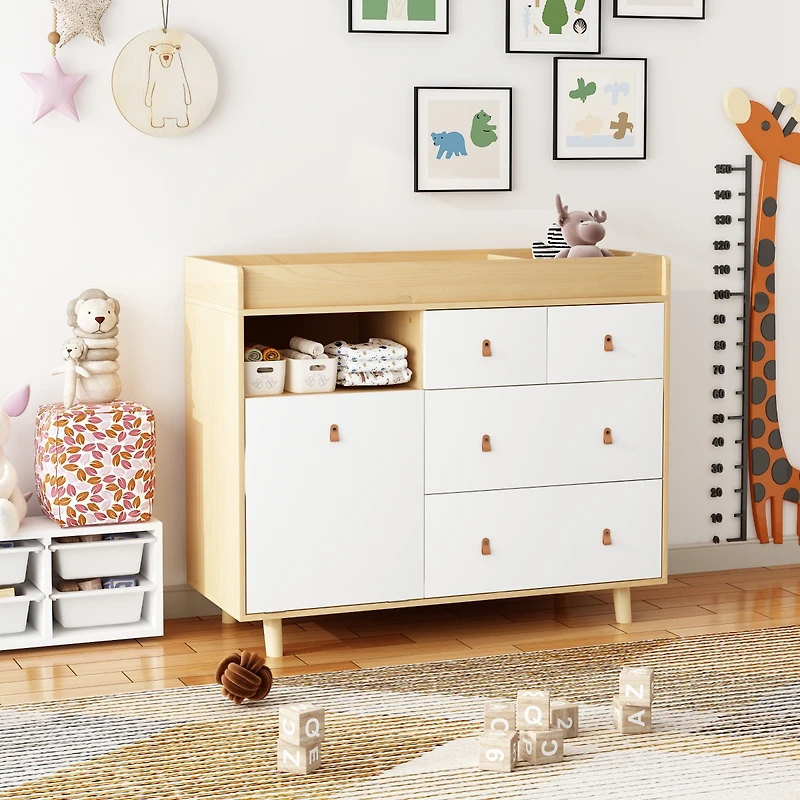Diaper Table with 4 Drawers, Baby Changing Station with Storage Compartments