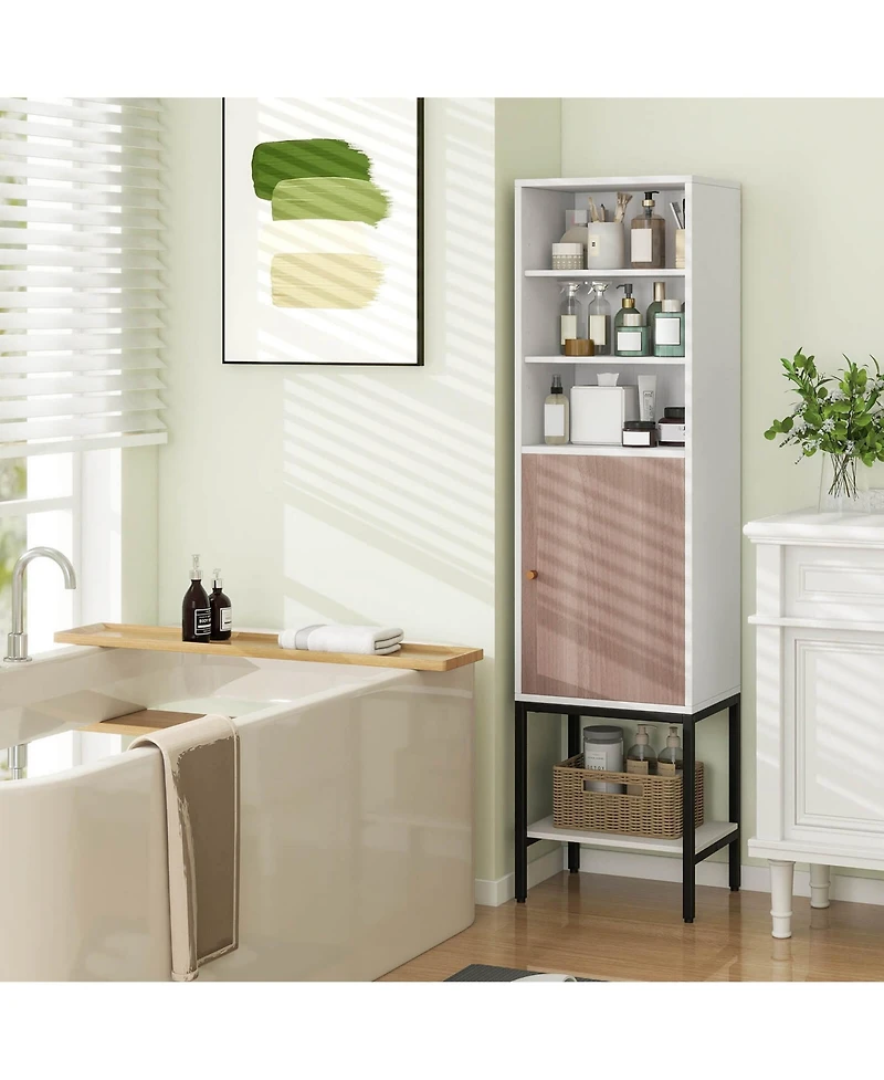 57" Bathroom Tall Cabinet with 1 Door and 4 Shelves Freestanding Floor Cabinet