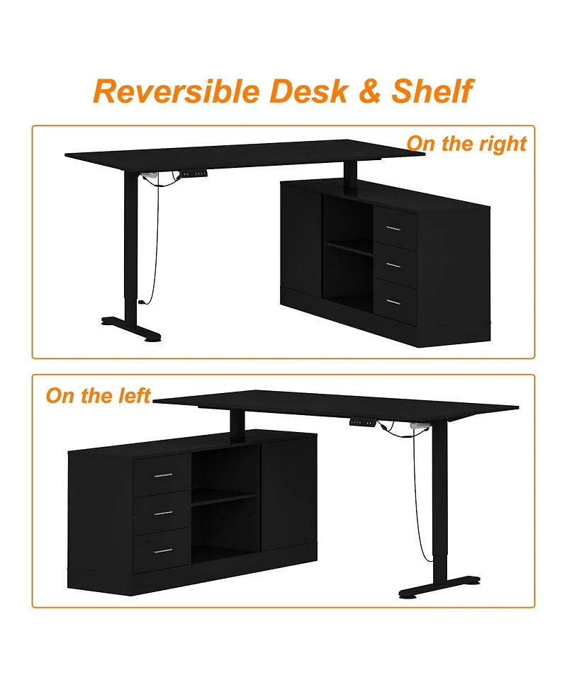 63 in. Width L-Shape Black Wooden 3-Drawer Computer Desk with Adjustable Height, Open Shelves & A Door Storage Cabinet