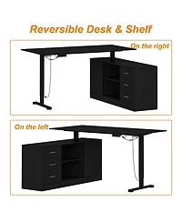 63 in. Width L-Shape Black Wooden 3-Drawer Computer Desk with Adjustable Height, Open Shelves & A Door Storage Cabinet