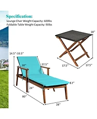Outdoor 3-Piece Cushioned Rattan Lounge Chair Set – Portable Patio Furniture with Folding Table