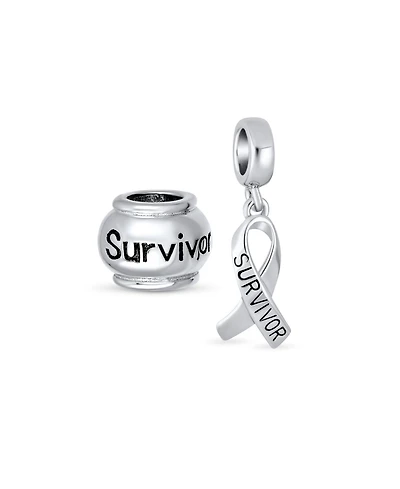 Bling Jewelry Set of 2 Ribbon Survivor Message Dangle Charm Bead Sterling Silver for European Bracelet