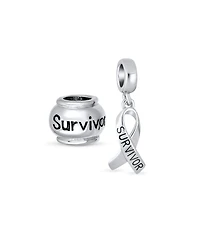 Bling Jewelry Set of 2 Ribbon Survivor Message Dangle Charm Bead Sterling Silver for European Bracelet