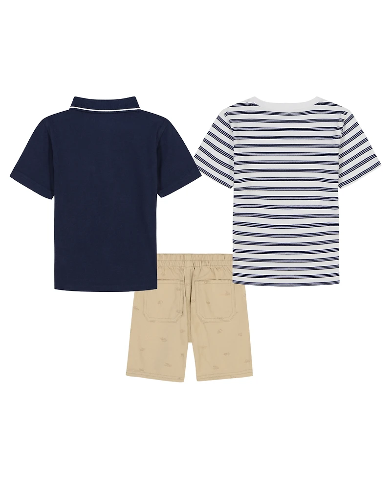 Kids Headquarters Toddler and Little Boys 3-Piece Tipped Polo Shirt, Striped T-Shirt Printed Twill Shorts Set