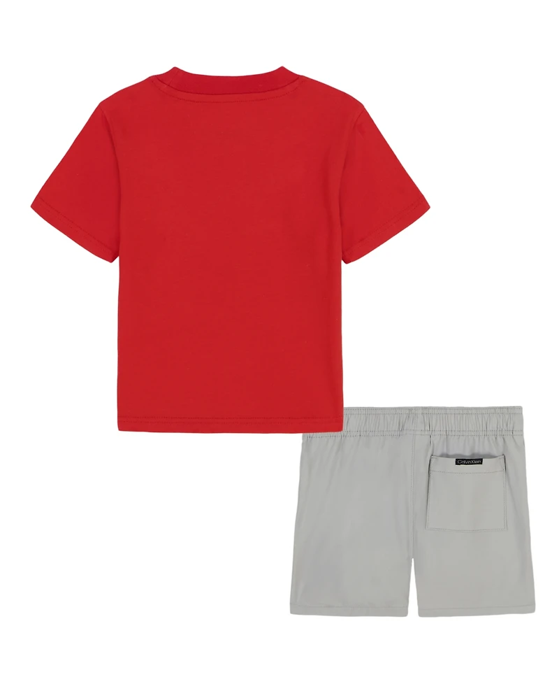 Calvin Klein Toddler and Little Boys 2-Piece Classic Logo T-Shirt Tech Woven Shorts Set