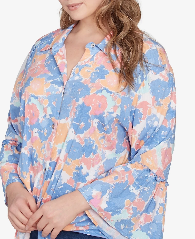 Ruby Rd. Plus Floral Button Tie Front Top
