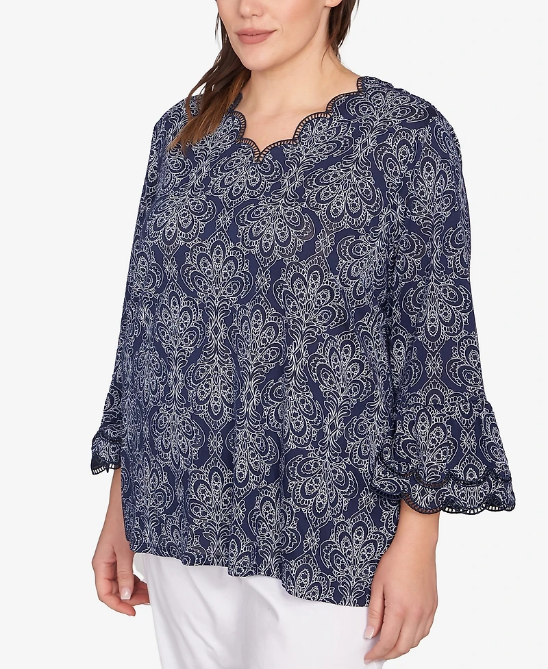 Ruby Rd. Plus Size Print Solid Burnout Top