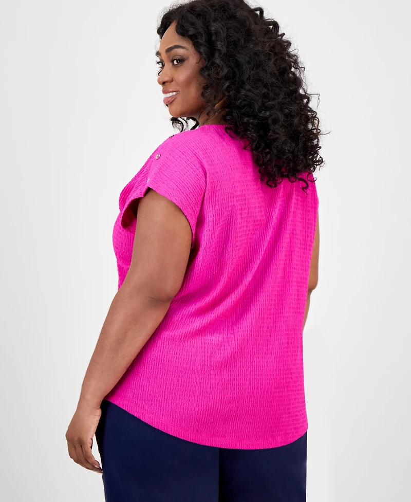 Jones New York Plus Size Crinkled Button-Trim Top