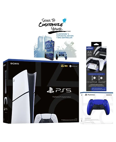 Sony PlayStation 5 Slim Digital PS5 with Extra Chroma Indigo Controller, Dual Charging Dock and MightySkins Voucher Bundle