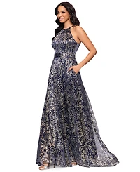 Betsy & Adam Petite Metallic Floral Print Sleeveless Gown