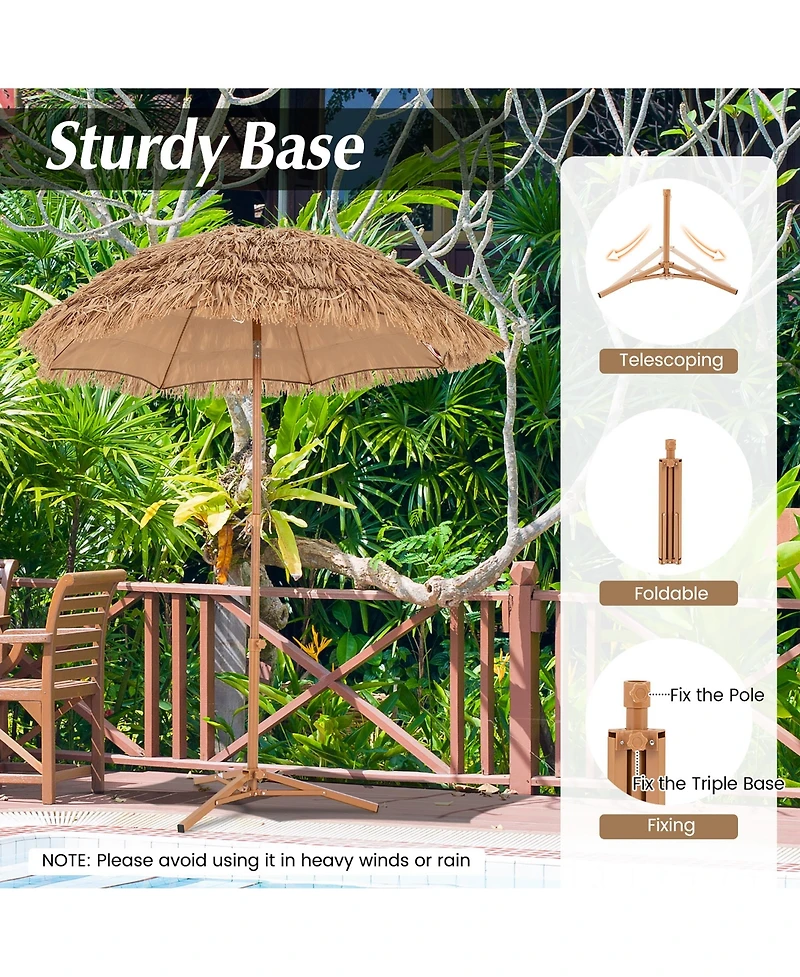 Gymax 6.5 Ft Thatched Tiki Umbrella w/ Foldable Stand Hawaiian Style Beach Umbrella