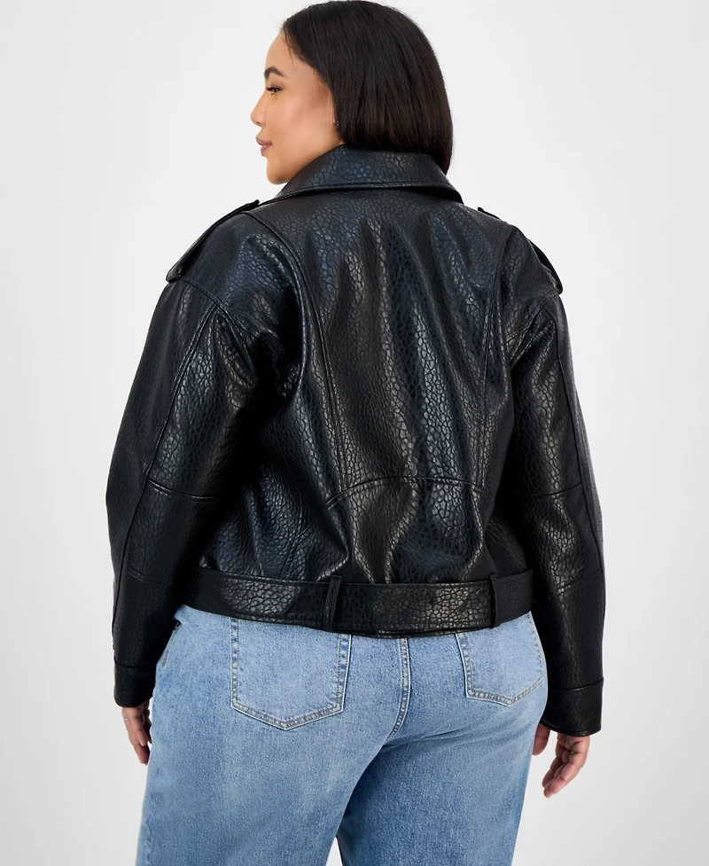Jou Trendy Plus Faux-Leather Belted Jacket