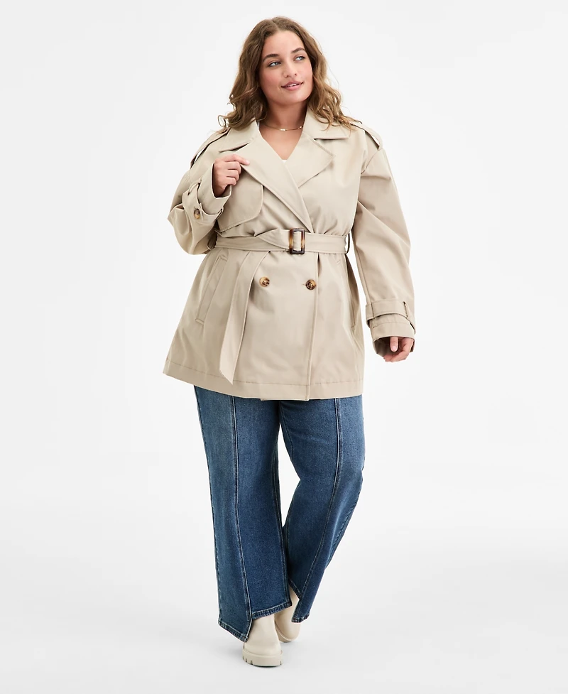 Jou Trendy Plus Double-Breasted Belted Trench Coat