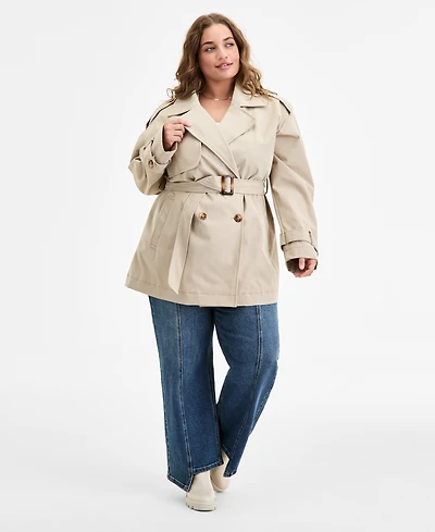 Jou Trendy Plus Double-Breasted Belted Trench Coat