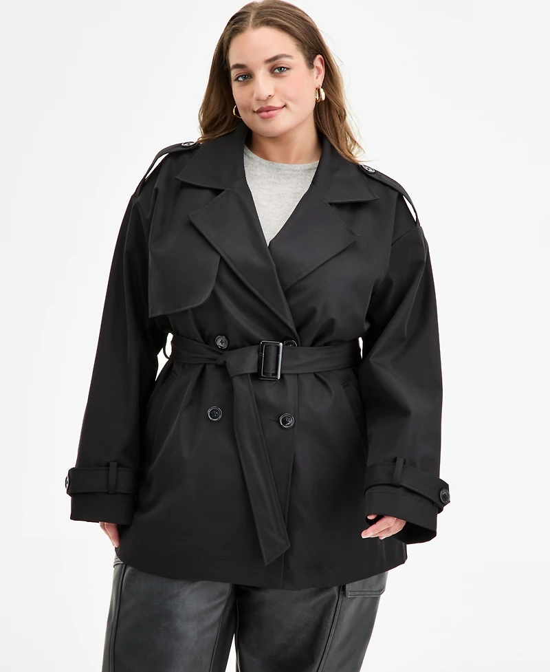 Jou Trendy Plus Double-Breasted Belted Trench Coat