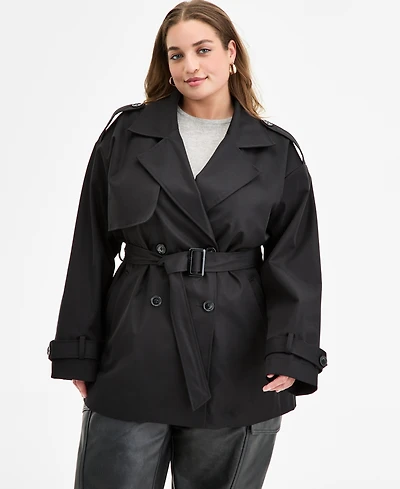 Jou Trendy Plus Double-Breasted Belted Trench Coat