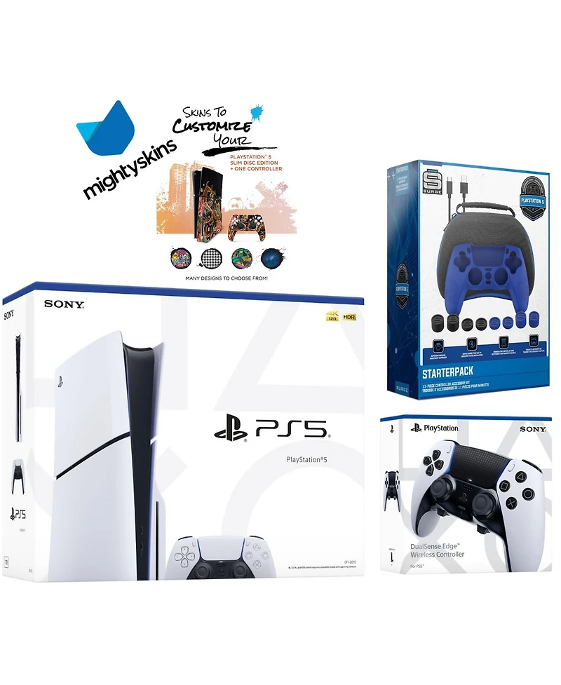 Sony PlayStation 5 Slim Disc with Extra Edge Controller, Pro Gamer Starter Kit and MightySkins Decal Voucher