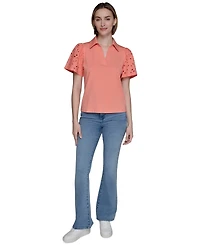 Karl Lagerfeld Paris Women's Mixed-Media Eyelet Knit Top