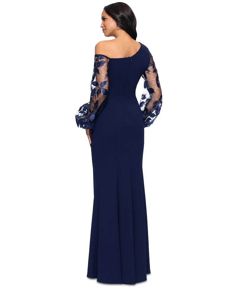 Betsy & Adam Women's Asymmetric-Neck Lace-Sleeve Gown