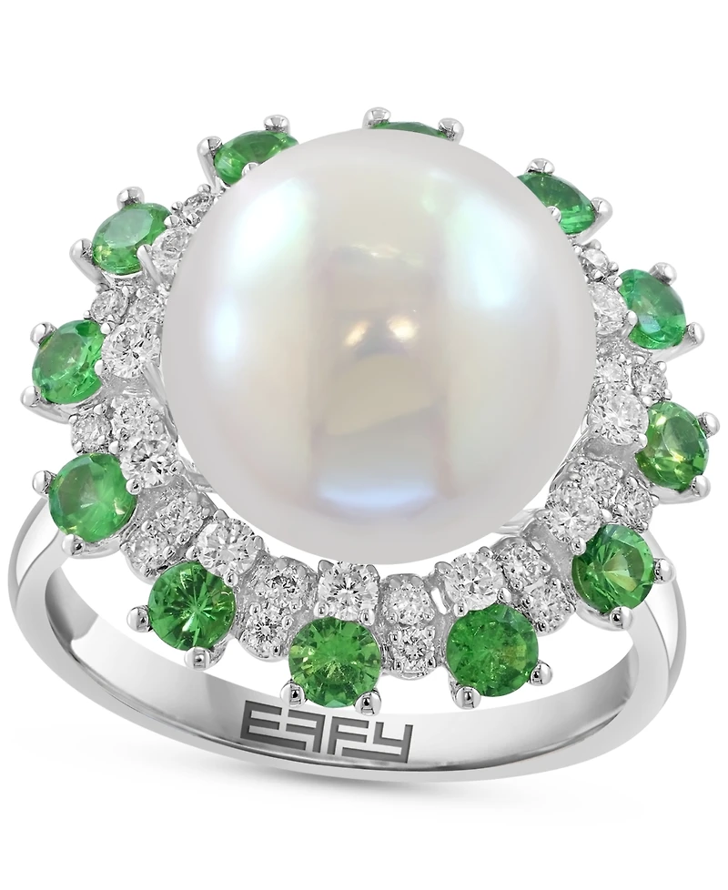 Effy Cultured Freshwater Pearl (11mm), Green & White Diamond (1-1/5 ct. t.w.) Statement Ring in 14k White Gold