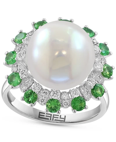 Effy Cultured Freshwater Pearl (11mm), Green & White Diamond (1-1/5 ct. t.w.) Statement Ring in 14k White Gold