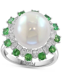 Effy Cultured Freshwater Pearl (11mm), Green & White Diamond (1-1/5 ct. t.w.) Statement Ring in 14k White Gold