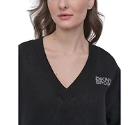 Dkny Sport Women's Rhinestone-Logo V-Neck Pullover Top