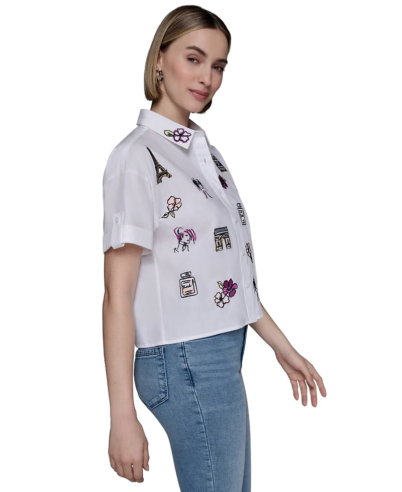 Karl Lagerfeld Paris Women's Cotton Embroidered Camp Shirt
