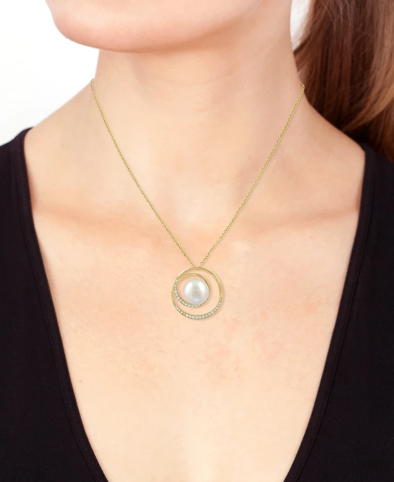 Effy Cultured Freshwater Pearl (9-1/2mm) & Diamond (1/5 ct. t.w.) Pendant Necklace in 14k Yellow Gold, 17" + 1" extender