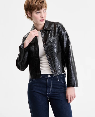 CoffeeShop Juniors' Croc-Embossed Faux-Leather Barn Jacket