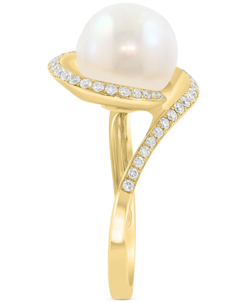 Effy Cultured Freshwater Pearl (10mm) & Diamond (1/4 ct. t.w.) Swirl Statement Ring in 14k Yellow Gold