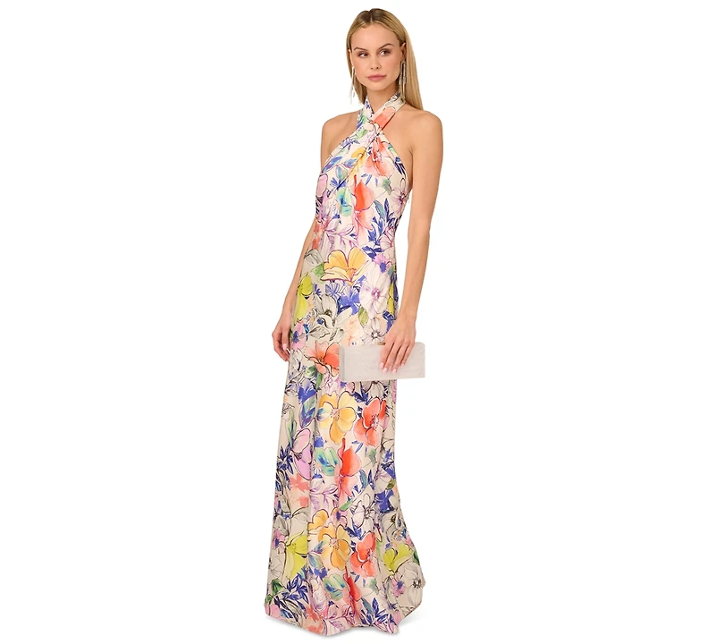Adrianna Women's Printed Crossover-Neck Satin Gown