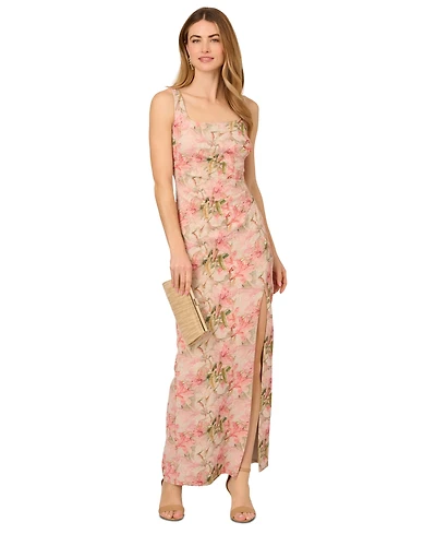 Adrianna Papell Women's Jacquard High-Slit Column Gown