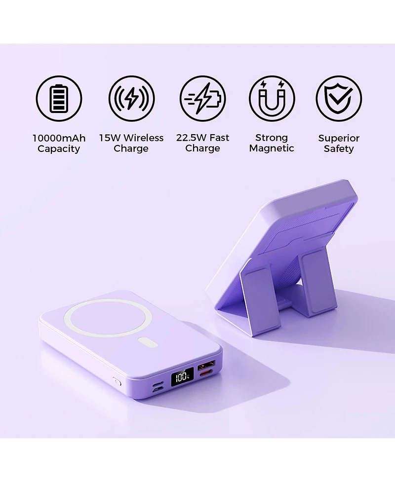 10000mAh Portable Magnetic Wireless Charge Power Bank w/ Phones Stand