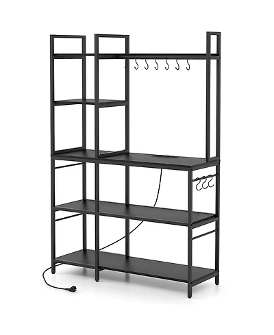 5-Tier Bakers Rack with Power Outlets and 10 S-Shaped Hooks – Multi-Functional Kitchen Storage Electrical Access