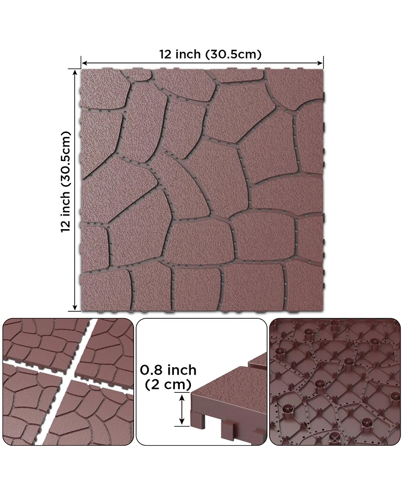 Streamdale Diy 12" Patio Deck Tiles, Interlocking, Quick Install, 44pcs Red Brown