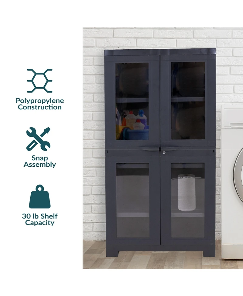 Plastic Lockable Storage Cabinet with 3 Adjustable Shelves and Windows - Charcoal