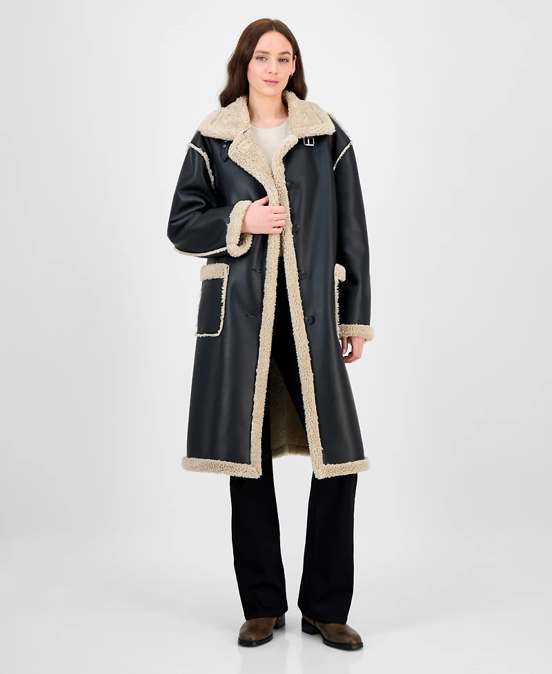 Maralyn & Me Juniors' Long Faux-Shearling-Trimmed Coat