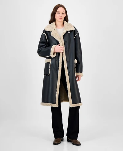 Maralyn & Me Juniors' Long Faux-Shearling-Trimmed Coat