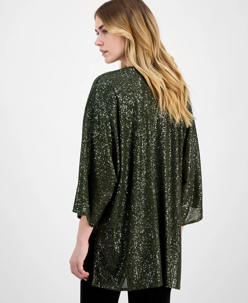 Anne Klein Women's Sequined Open-Front Mesh Kimono Cardigan