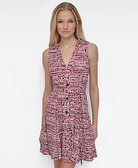 Dkny Women's Printed V-Neck Button-Front Belted Dress
